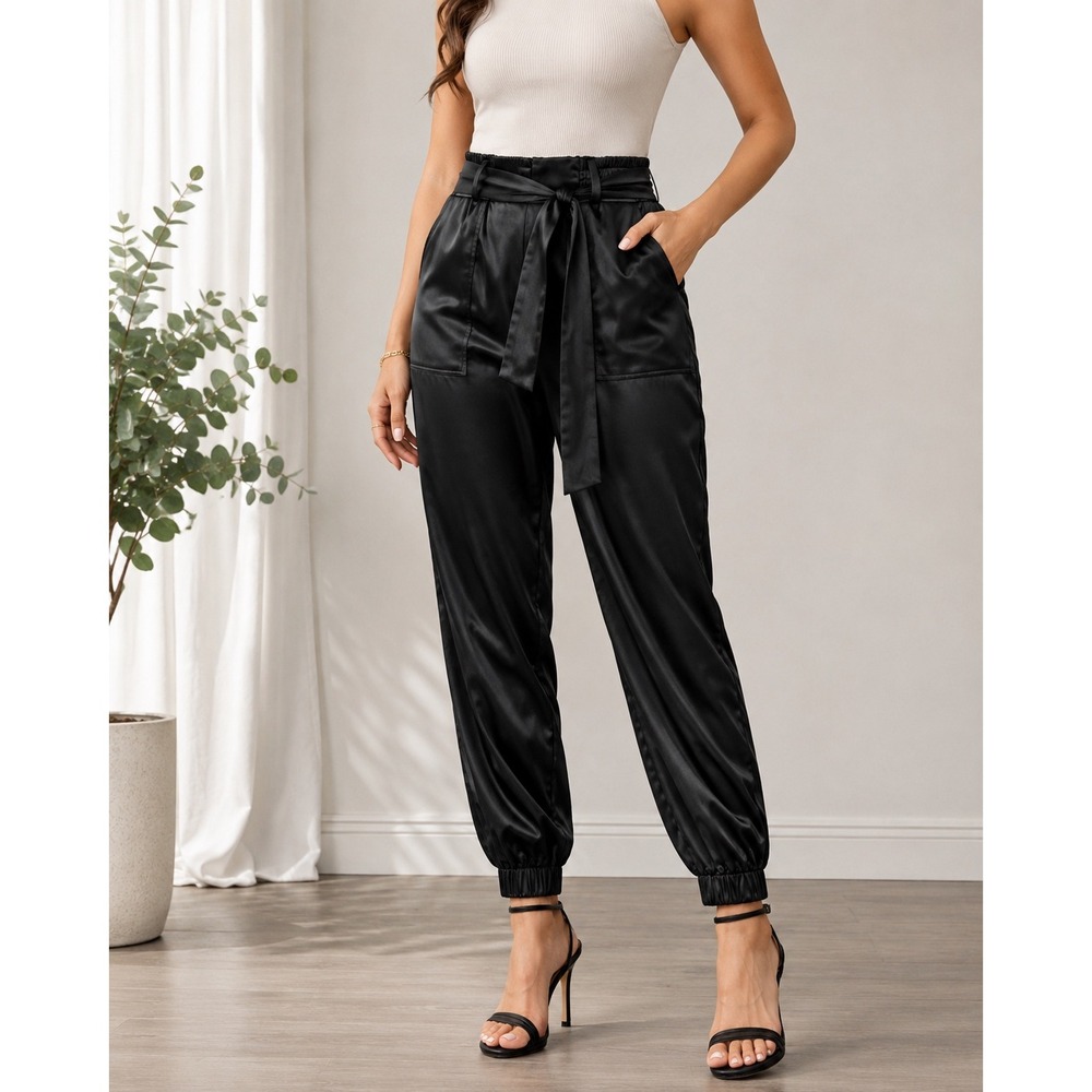 Sanctuary Womens 24W Black Satin Harem Jogger Pants Tie Waist Dress Pants
